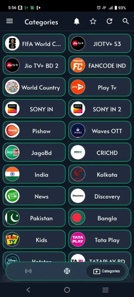 Cricfy Tv Categories pic